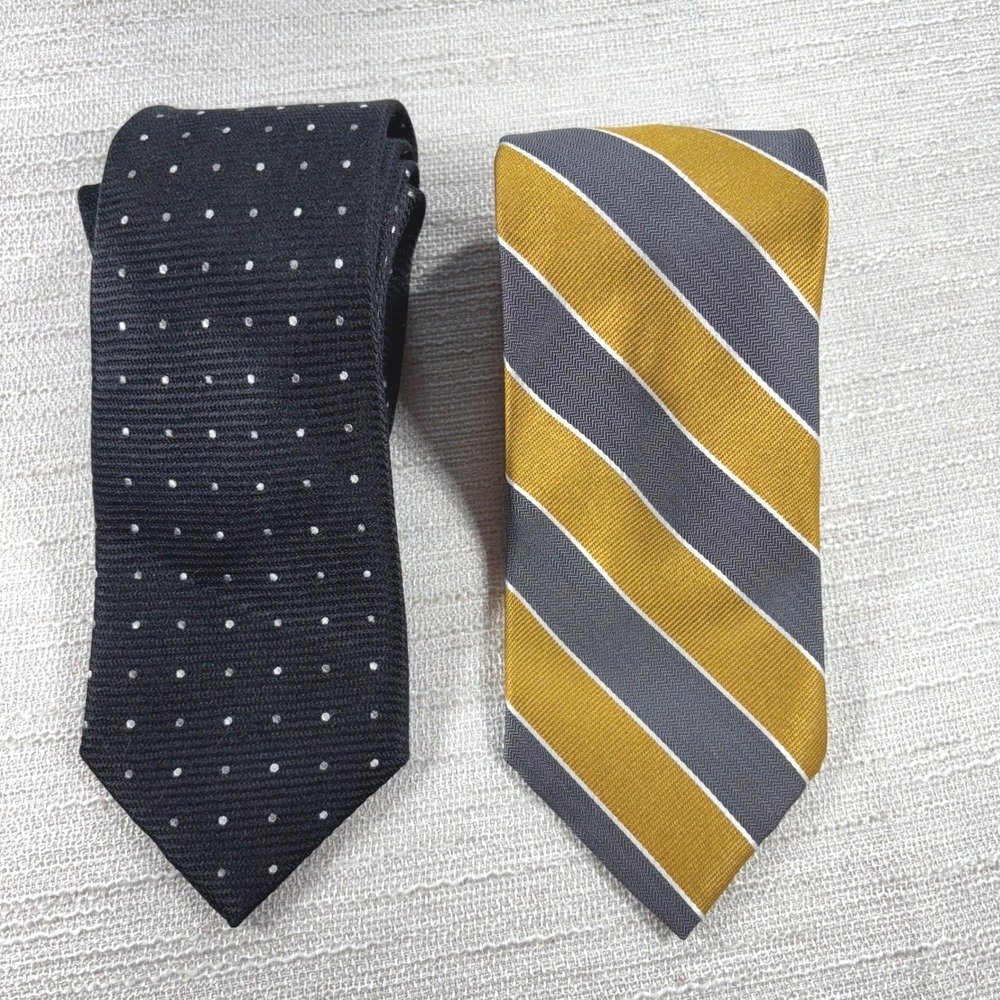 Jos A Bank Mens 2 Silk Ties Black Polka Dot Gold Gray Stripe Signature Traveler